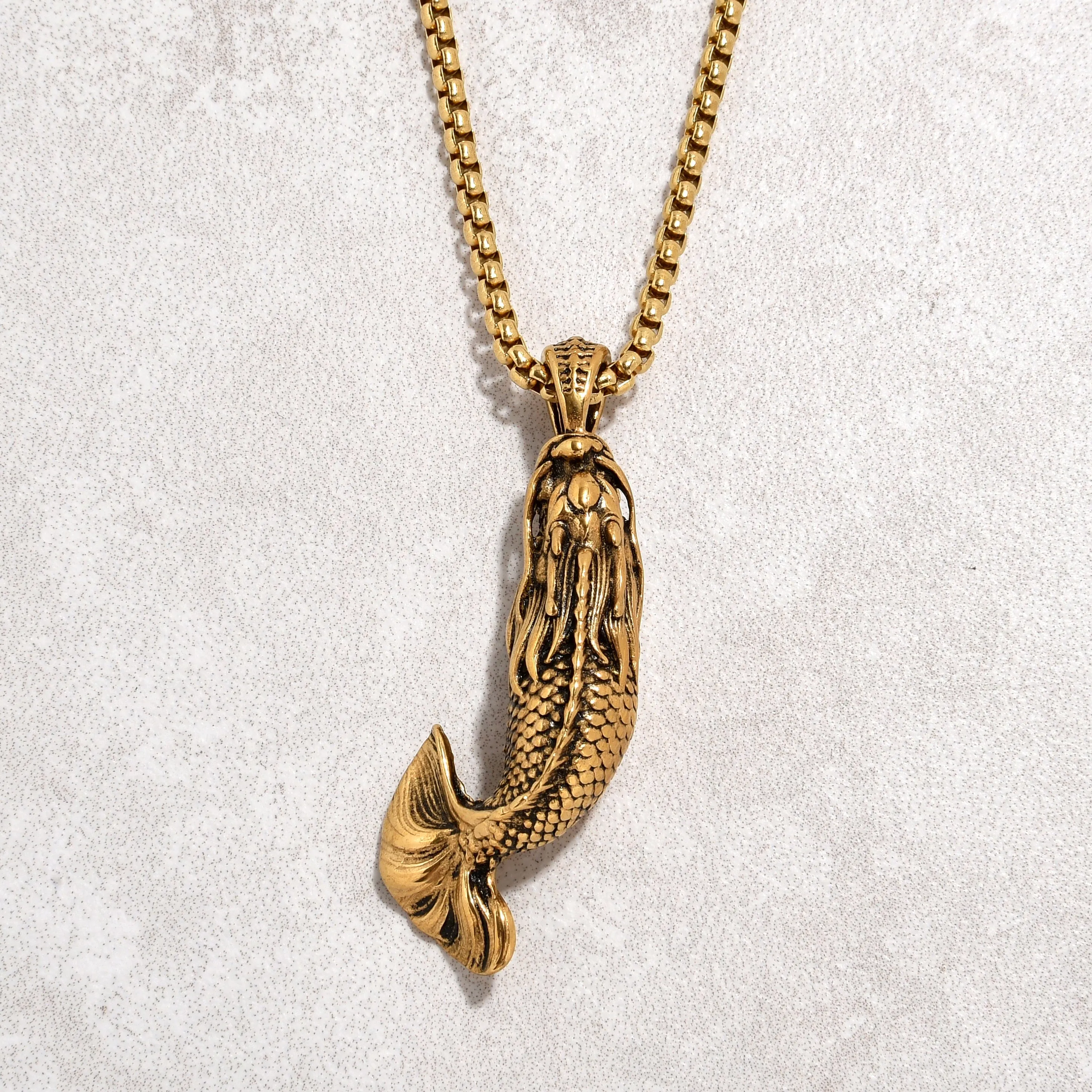 Gold Carp Fish Steel Hearts Necklace