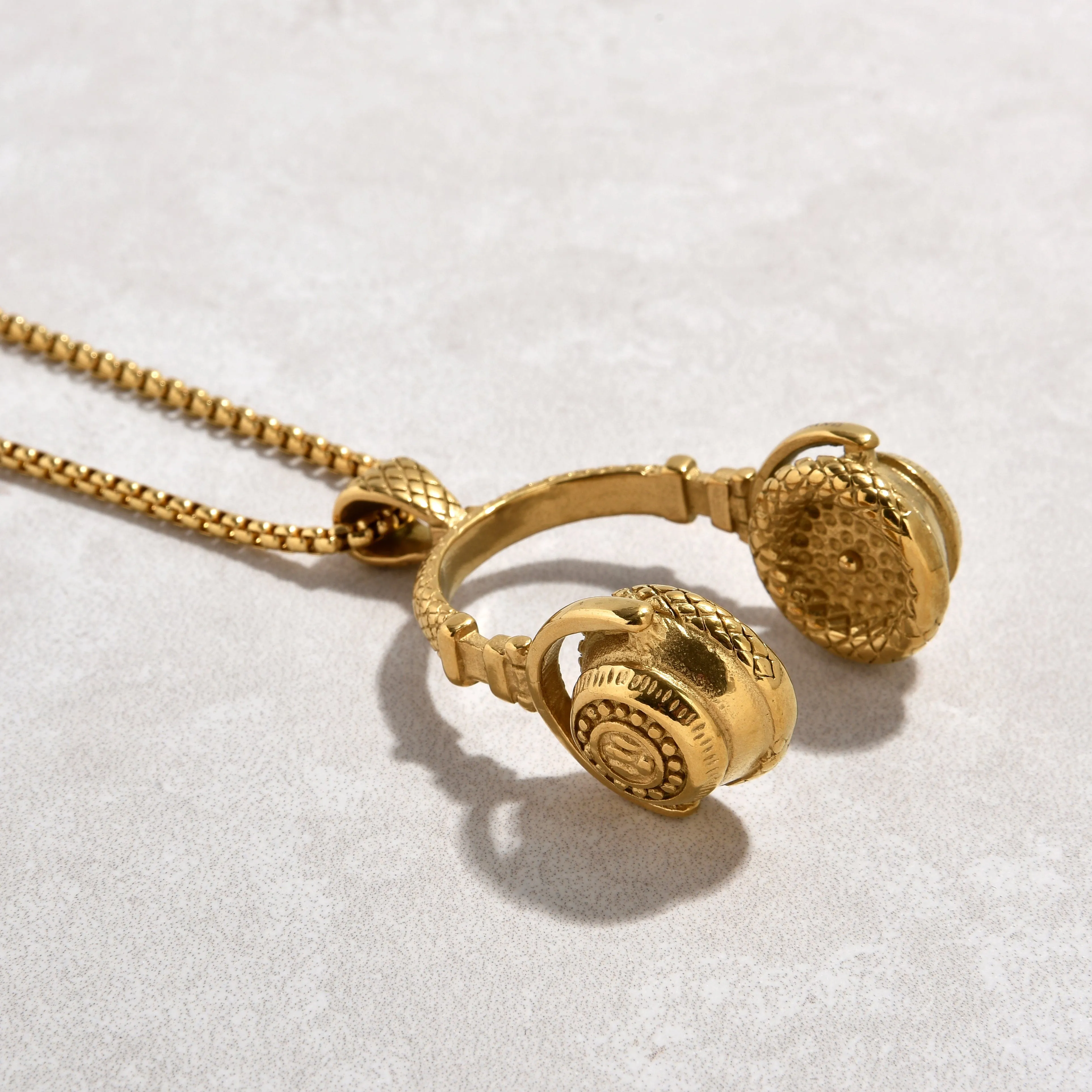 Gold Large Headphones Steel Hearts Necklace