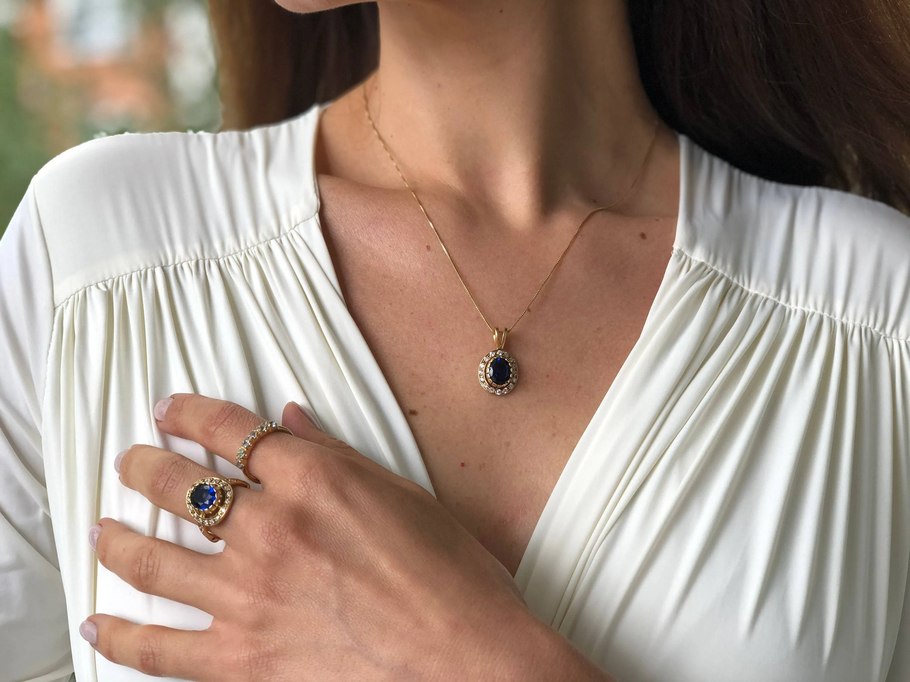 Halo Sapphire Gold Pendant - Vintage Blue Necklace, Blue Sapphire Pendant