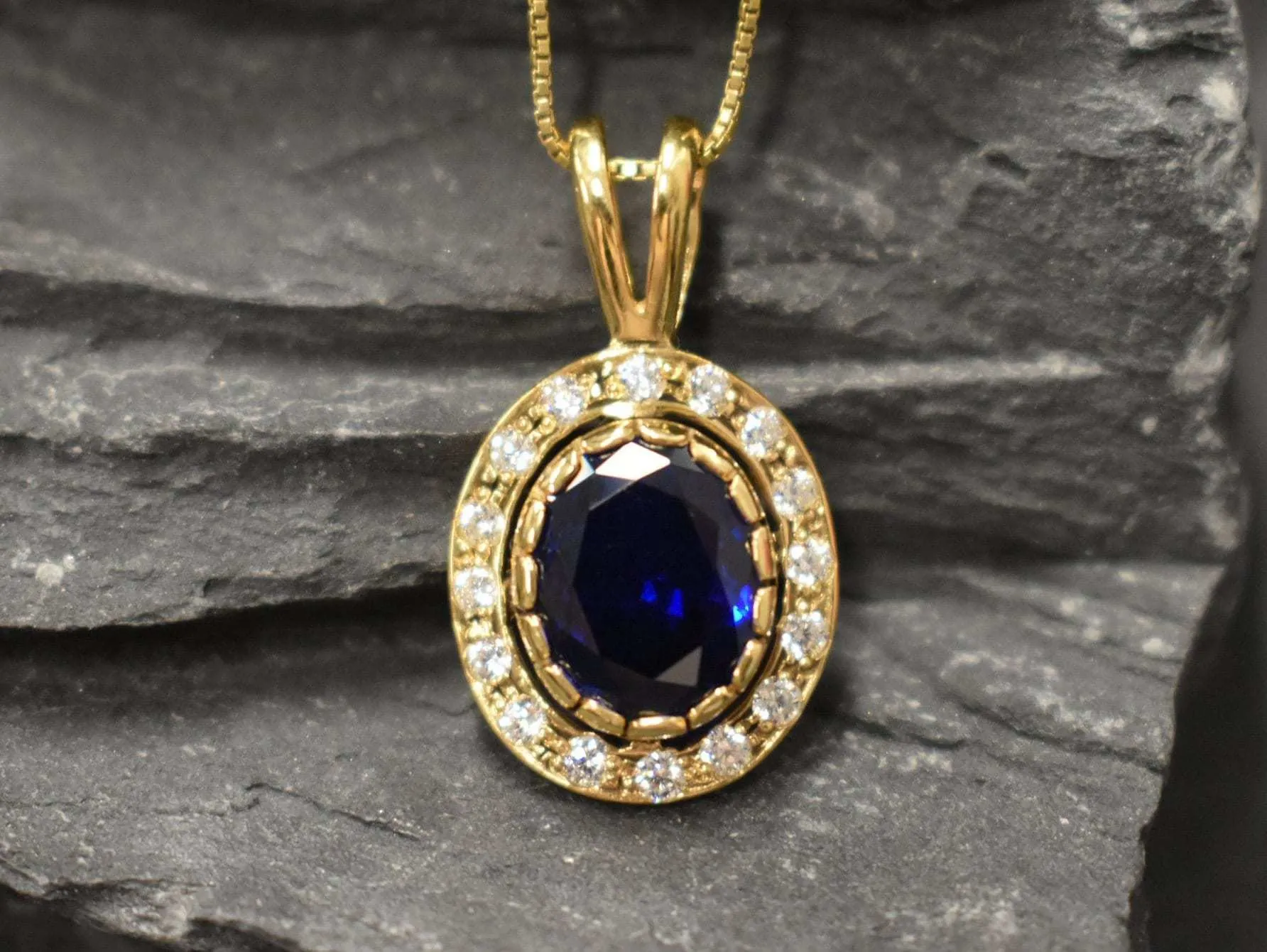 Halo Sapphire Gold Pendant - Vintage Blue Necklace, Blue Sapphire Pendant