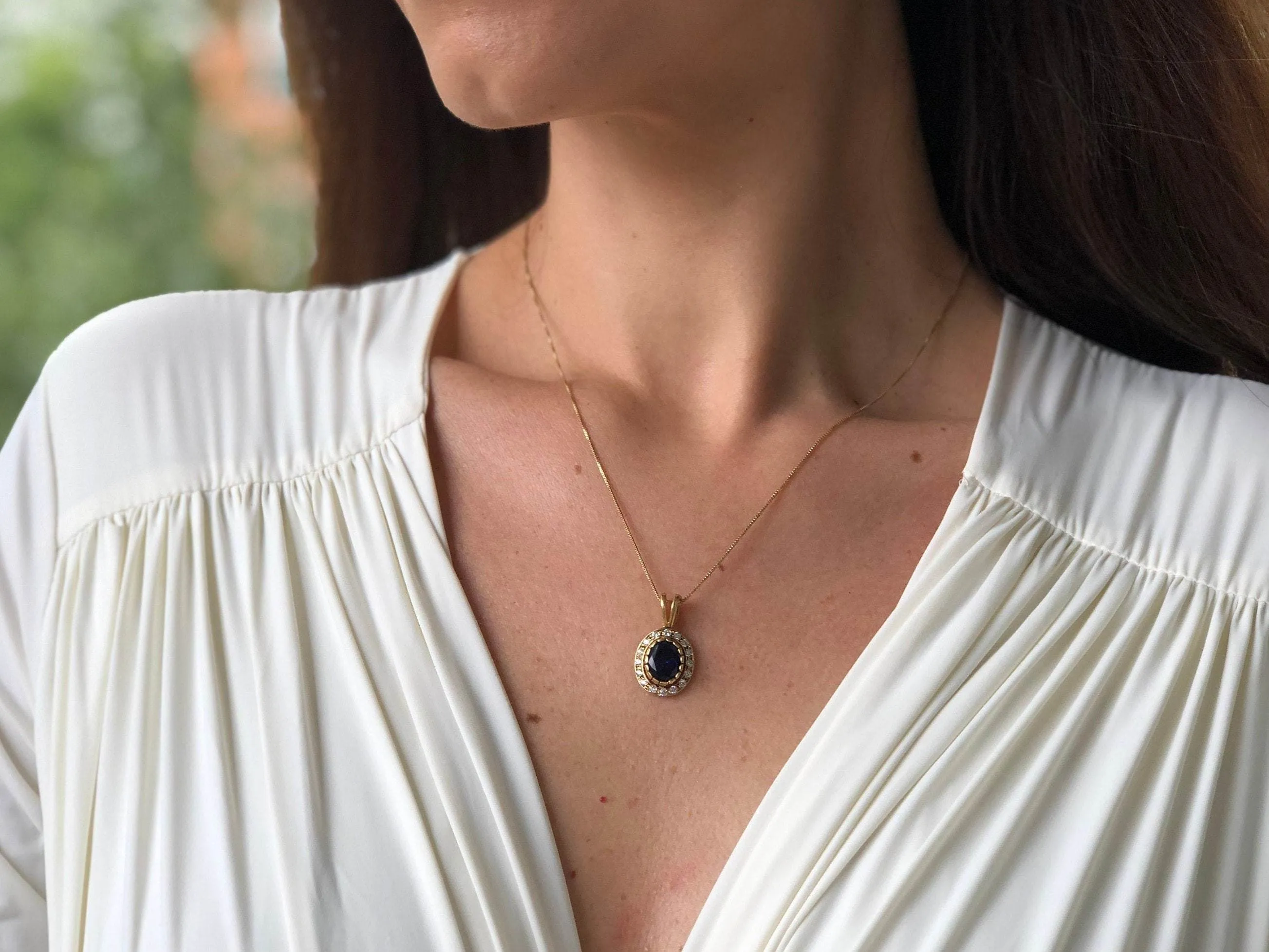 Halo Sapphire Gold Pendant - Vintage Blue Necklace, Blue Sapphire Pendant