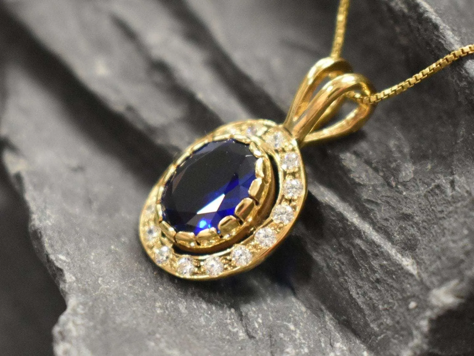Halo Sapphire Gold Pendant - Vintage Blue Necklace, Blue Sapphire Pendant