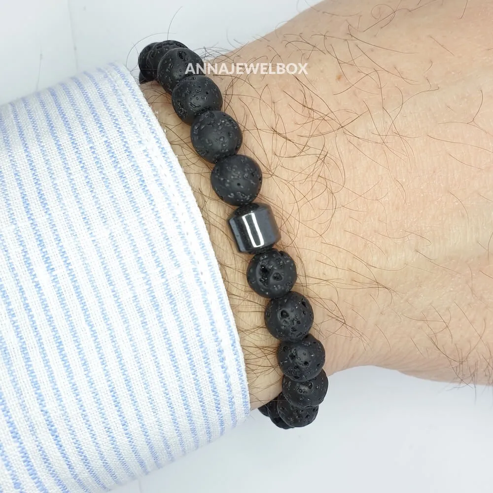 Hematite and Lava Stretch Bracelet for Men