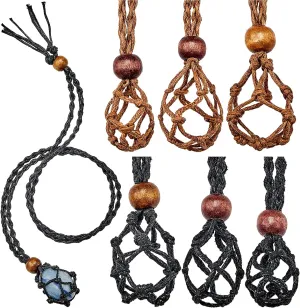 Hicarer 6 Pieces Necklace Cord Empty Stone Holder Empty Necklace Holder Quartz Crystal Stone Cord, 3 Sizes Adjustable Cage Fish Netted for DIY Jewelry Making(Black,Brown)