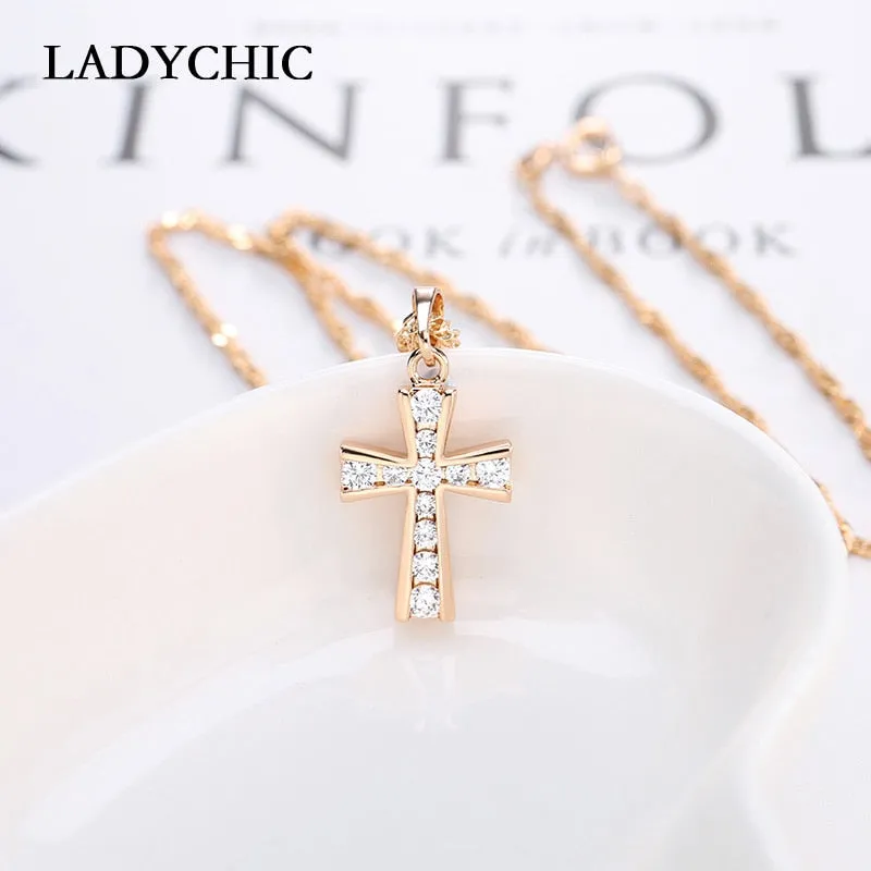 LADYCHIC Elegant Zircon Cross Pendant Gold Color Christian Jesus Jewelry Necklace for Women Cute Small Pendant Wholesale LN1087