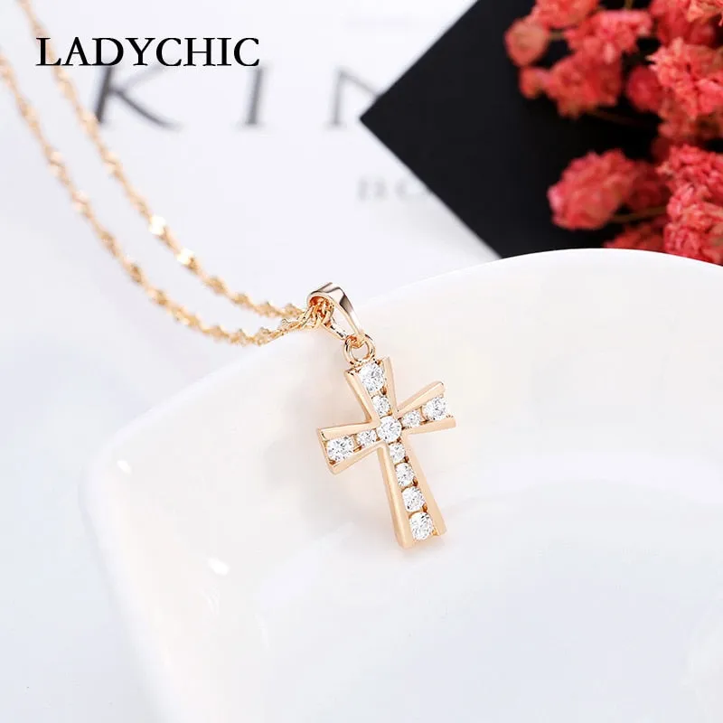 LADYCHIC Elegant Zircon Cross Pendant Gold Color Christian Jesus Jewelry Necklace for Women Cute Small Pendant Wholesale LN1087