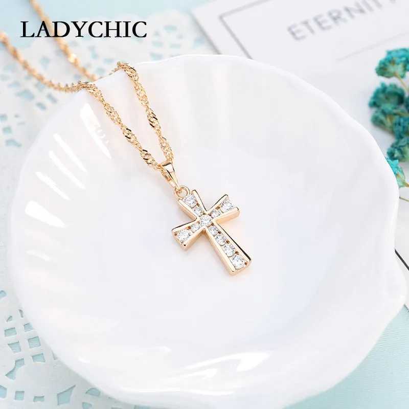 LADYCHIC Elegant Zircon Cross Pendant Gold Color Christian Jesus Jewelry Necklace for Women Cute Small Pendant Wholesale LN1087