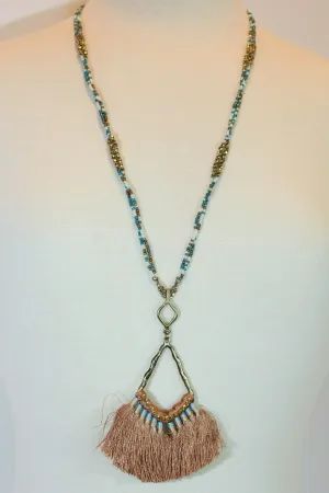 Long Seed Bead Tassel Necklace In Olive Or Brown