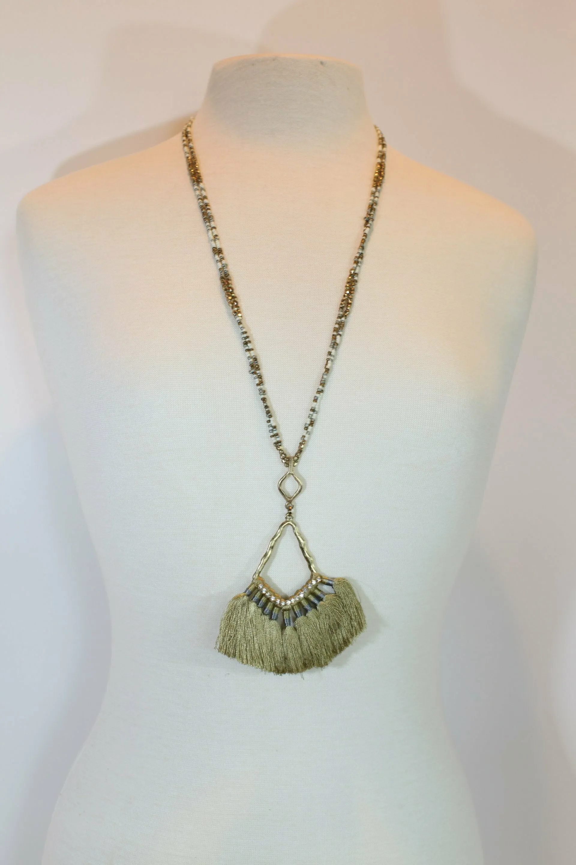 Long Seed Bead Tassel Necklace In Olive Or Brown