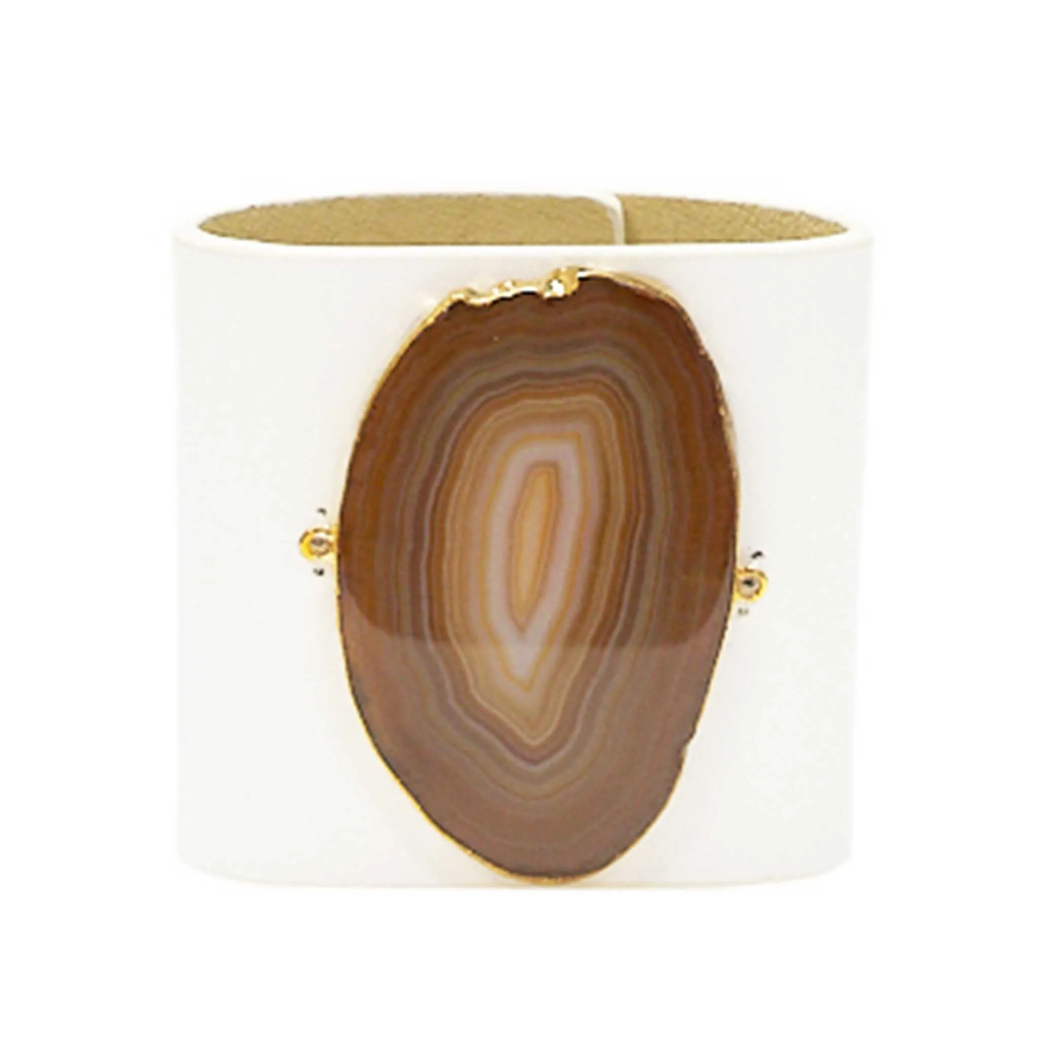 LOVED CUFF - MOONSTONE WHITE LEATHER WITH BROWN AGATE  S.1.03.004.1095