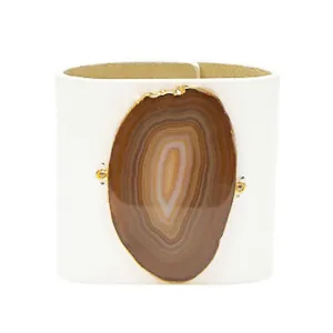 LOVED CUFF - MOONSTONE WHITE LEATHER WITH BROWN AGATE  S.1.03.004.1095
