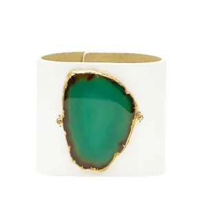 LOVED CUFF - MOONSTONE WHITE LEATHER WITH GREEN AGATE  M.1.03.003.2083