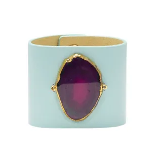 LOVED CUFF - MOONSTONE WHITE LEATHER WITH PINK AGATE  L.1.02.005.3015