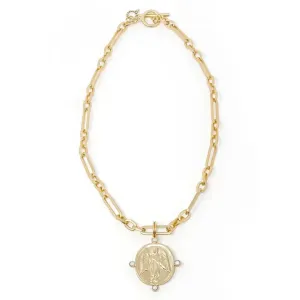 Modern Paperclip Toggle Necklace Featuring A Pearl Surround Guardian Angel
