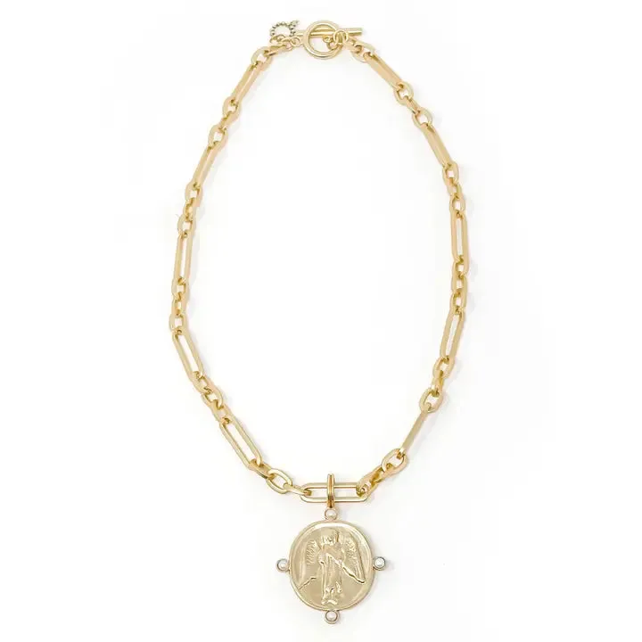 Modern Paperclip Toggle Necklace Featuring A Pearl Surround Guardian Angel