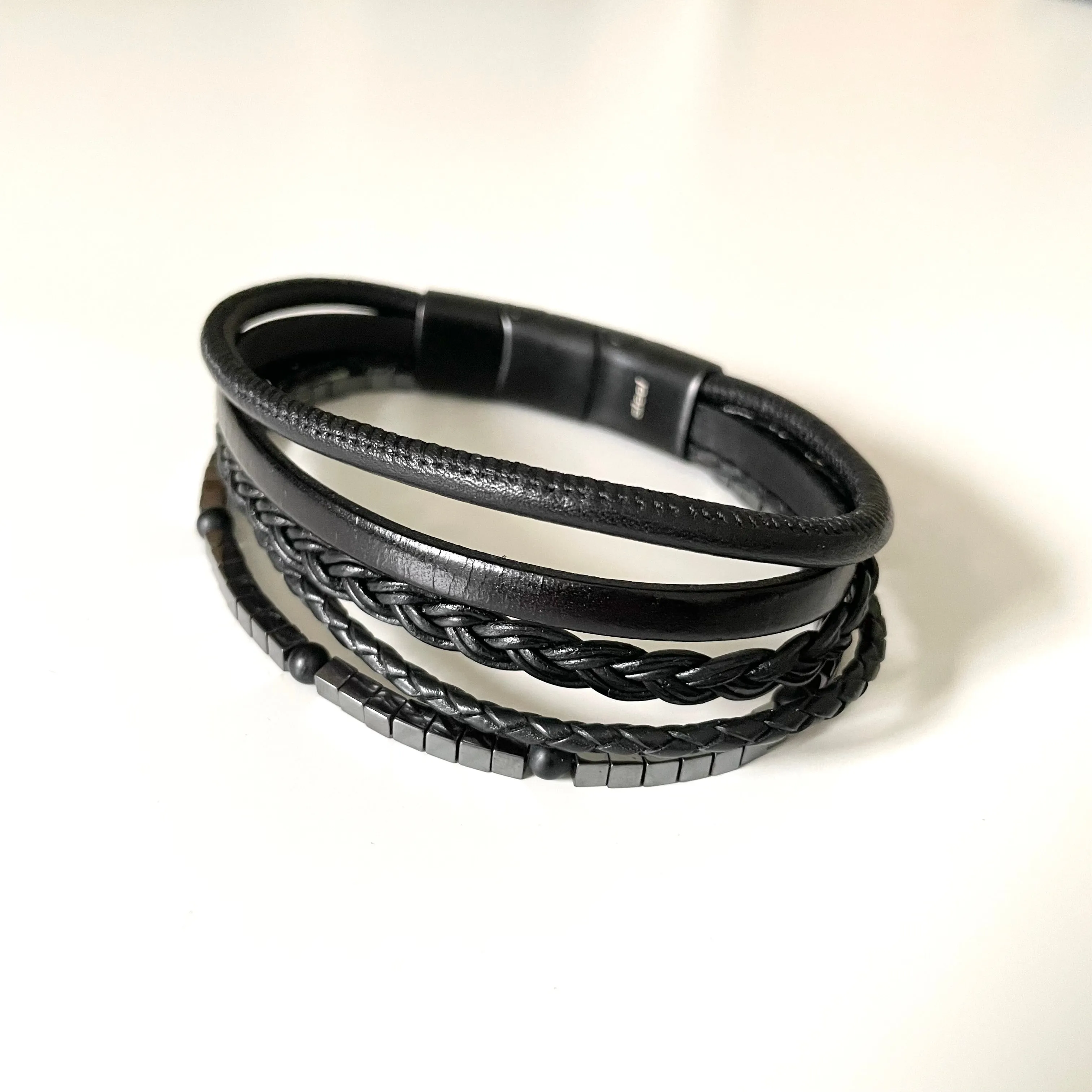Nappa Leather Hematite and Onyx Bead 5 Band Bracelet with a Black Stainless Steel Snap Fastener