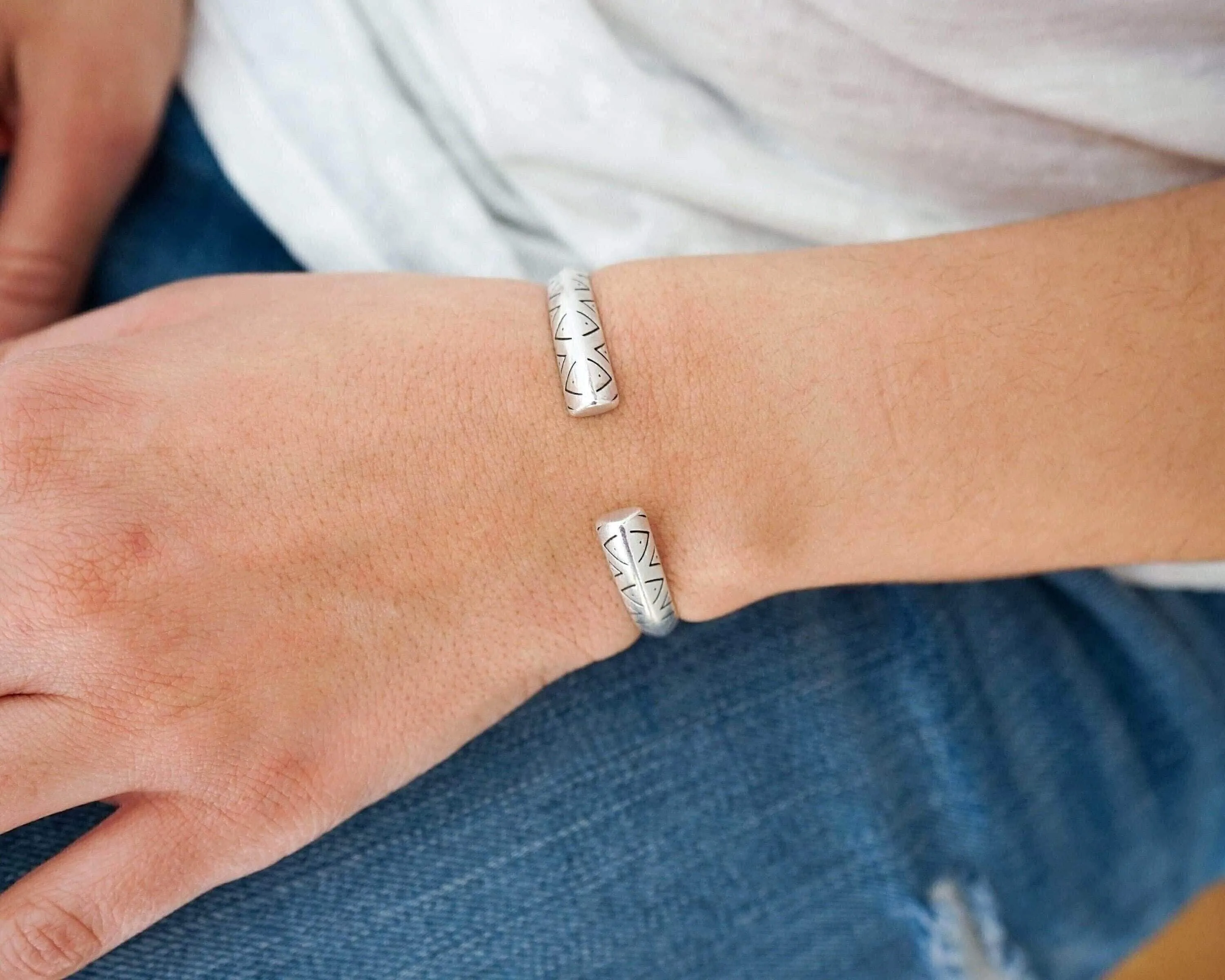 Open Silver Ethnic Tribal Cuff