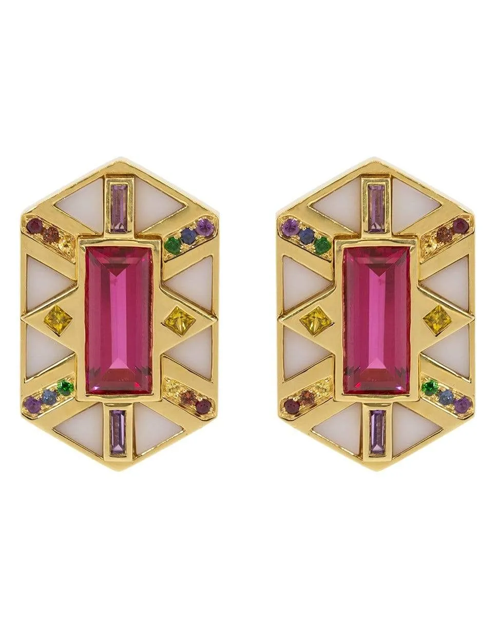 Rainbow Sapphire and White Onyx Hexagon Earrings