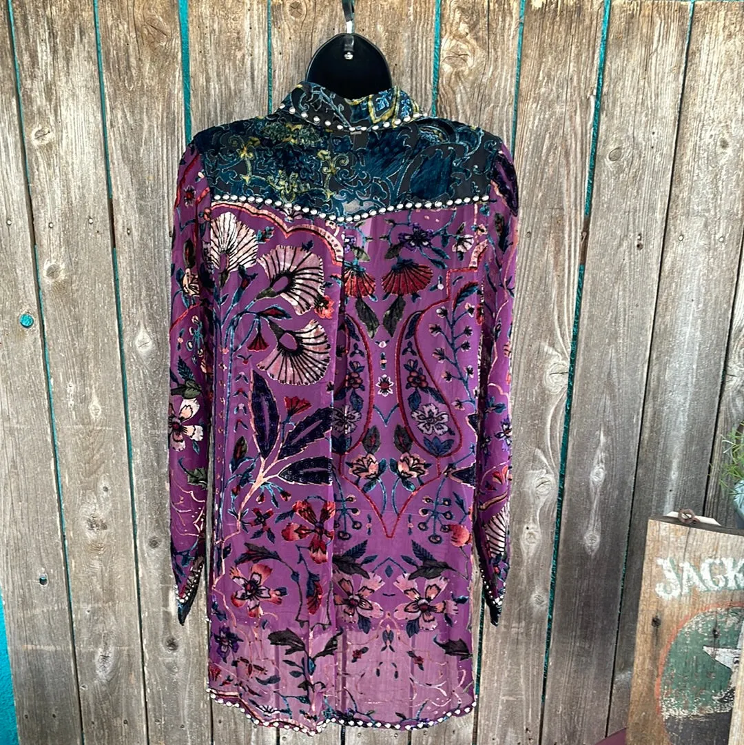 Sheer Velvet Burnout Button Down W/ Studded Detail