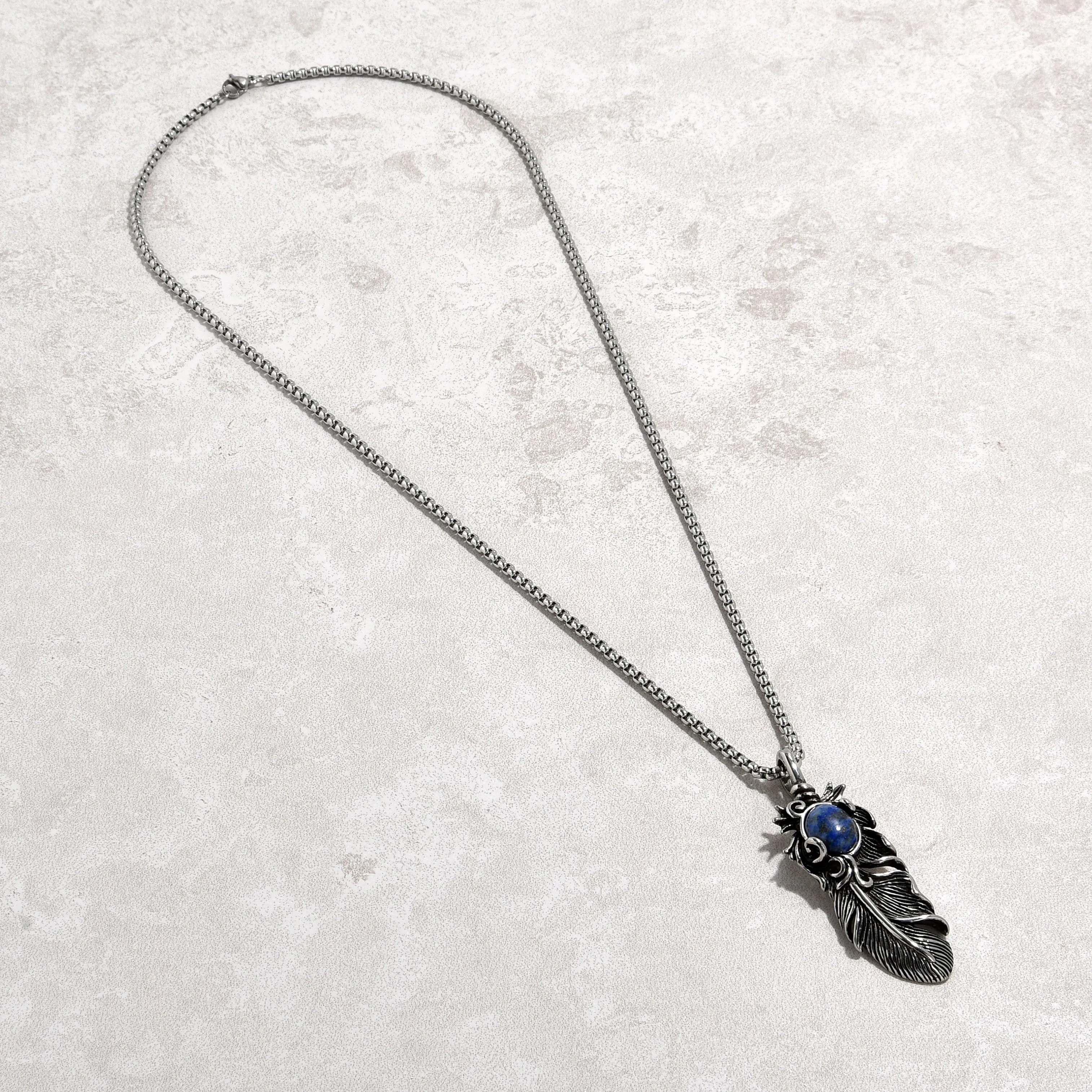Silver Lapis Feather Steel Hearts Necklace