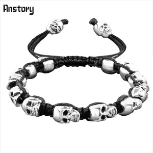 Smile Skull Skeleton Bead Bracelets Strand Vintage Boho Antique Silver Plated Handmade Rope Woven Craft Fashion Jewelry