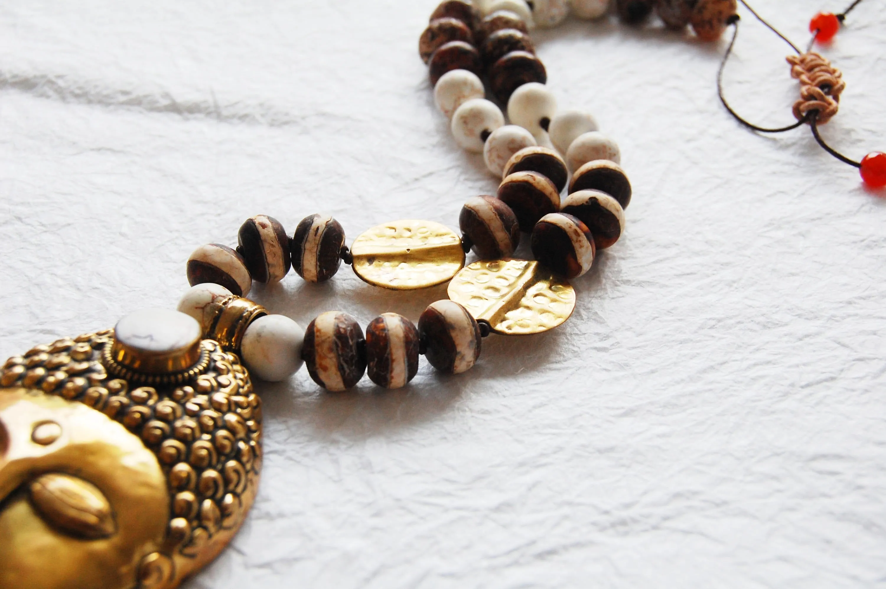 Solid Brass Buddha Head Pendant and White Magnesite Agate Adjustable Zen Inspired Yoga Necklace, ZLO51718 Big Buddha Ivory
