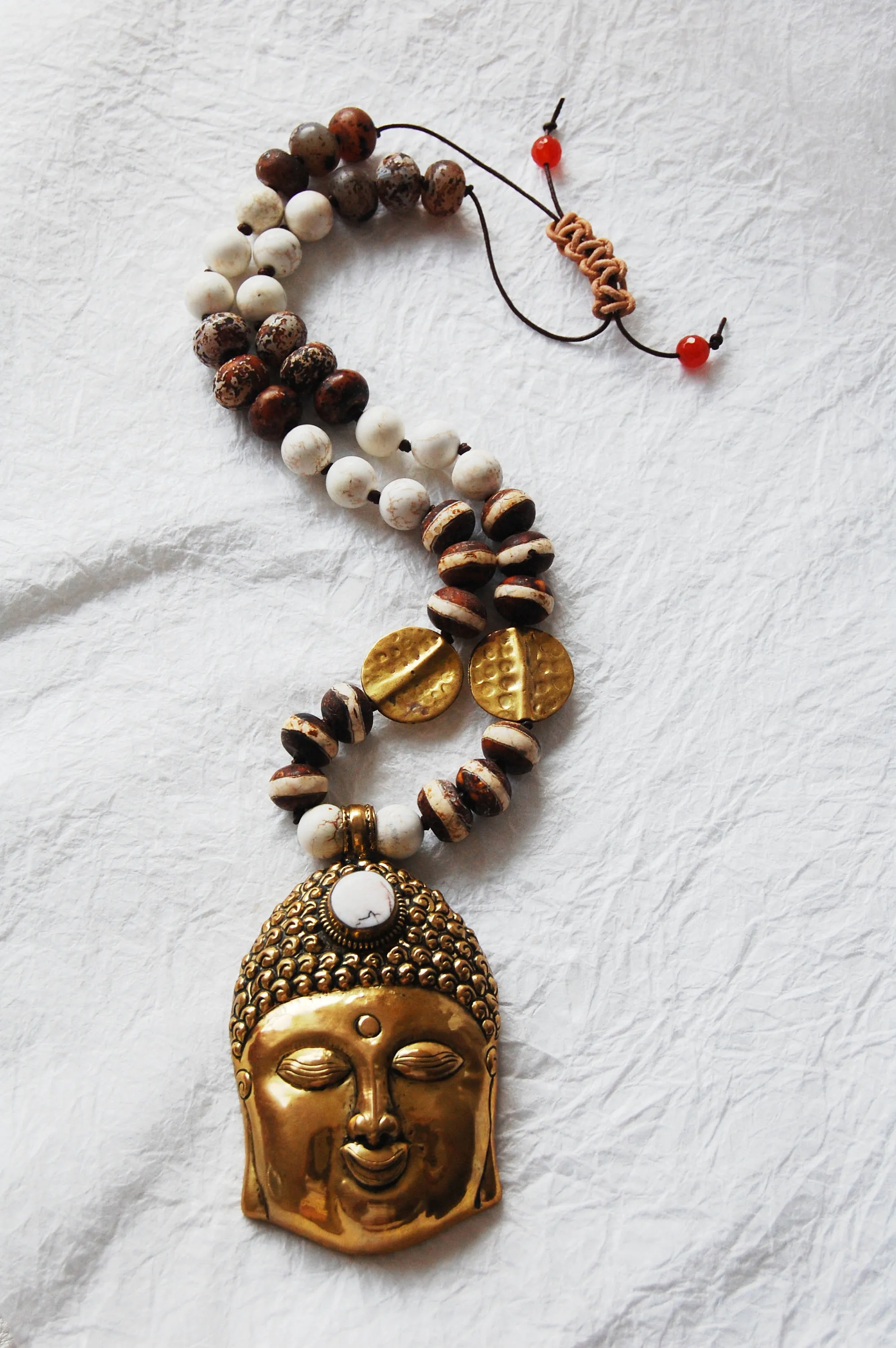 Solid Brass Buddha Head Pendant and White Magnesite Agate Adjustable Zen Inspired Yoga Necklace, ZLO51718 Big Buddha Ivory
