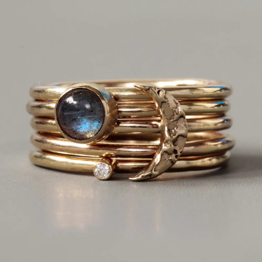 Solid Gold Textured Moon Labradorite & Diamond Stacking Rings