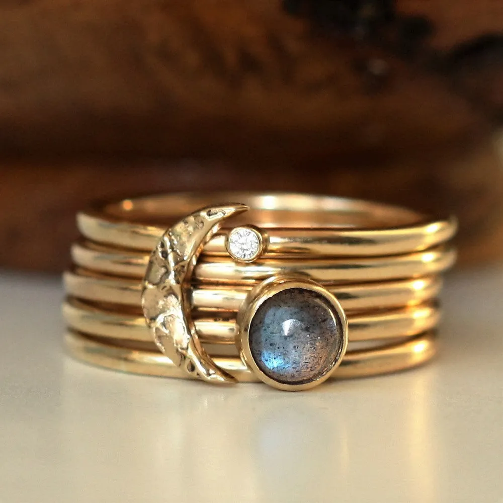 Solid Gold Textured Moon Labradorite & Diamond Stacking Rings