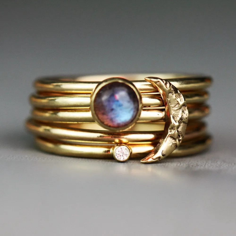 Solid Gold Textured Moon Labradorite & Diamond Stacking Rings