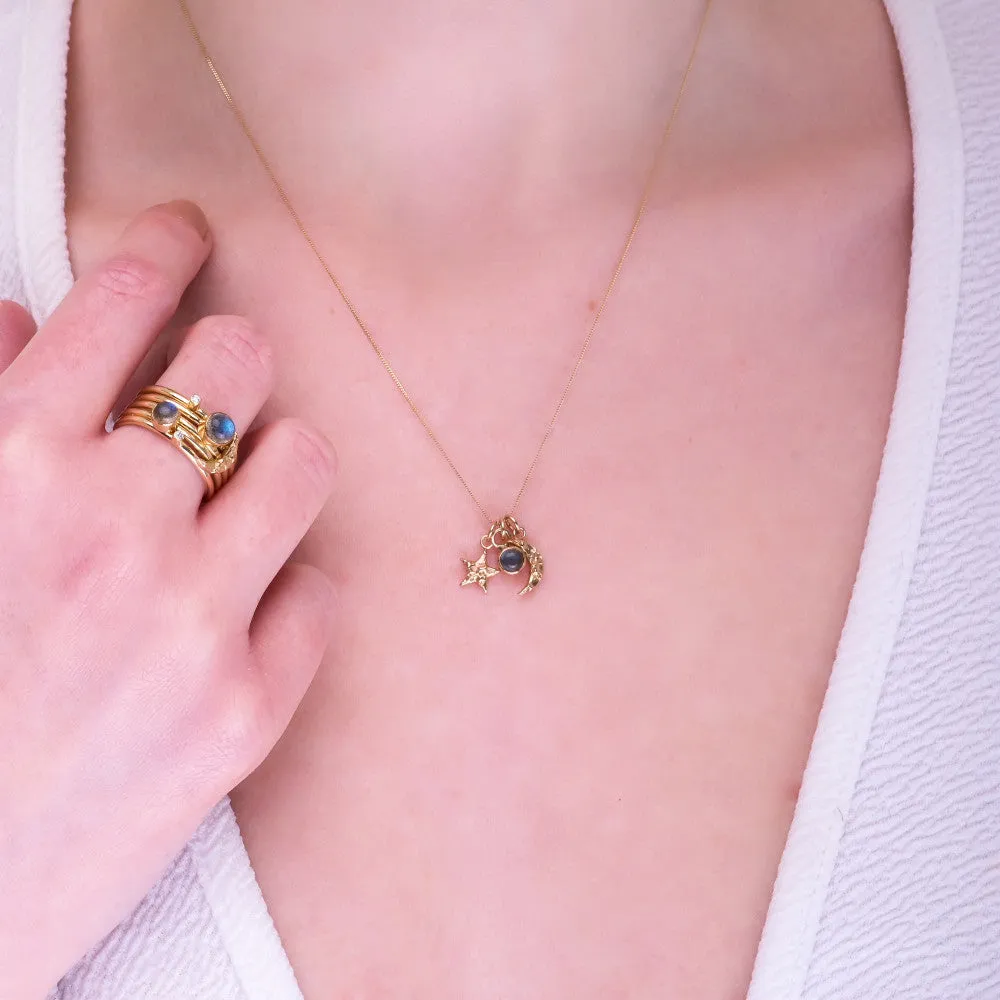 Solid Gold Textured Moon Labradorite & Diamond Stacking Rings