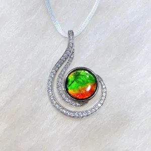 Sterling Silver Round Ammolite Pendant with Swarovski Crystal