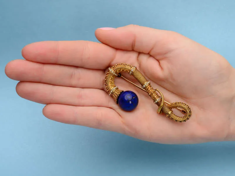 Victorian Etruscan Revival Lapis Lazuli Brooch