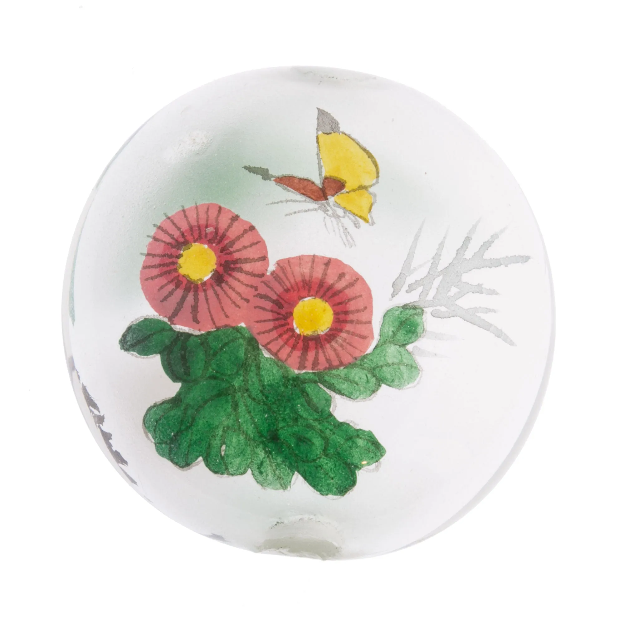 Vintage Chinese reverse hand-painted glass bead-Crane and flowers 42x40x21mm. Sold individually. b10-0008r