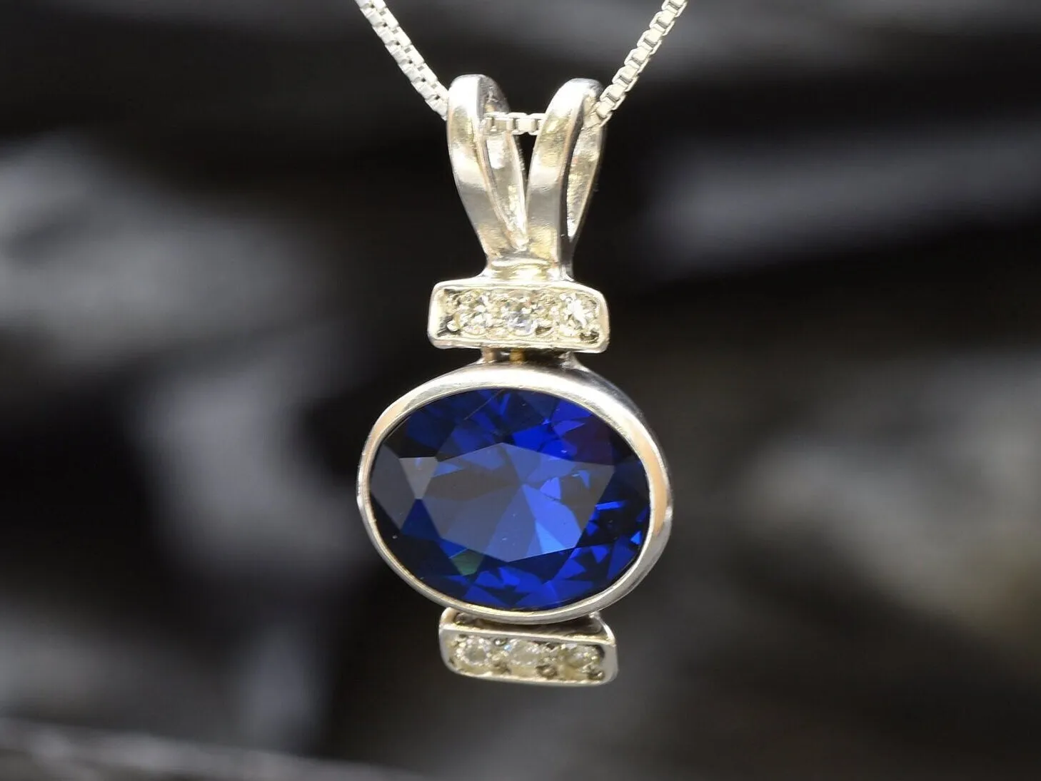 Vintage Sapphire Pendant - Large Blue Necklace - Antique Oval Necklace