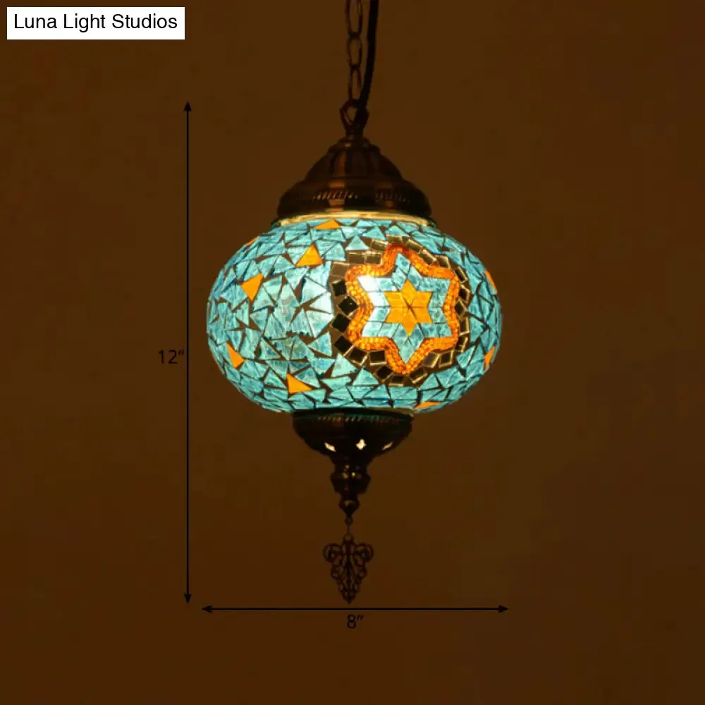 Vintage Stained Glass Spherical Hanging Pendant in Red/Blue/Yellow for Living Room