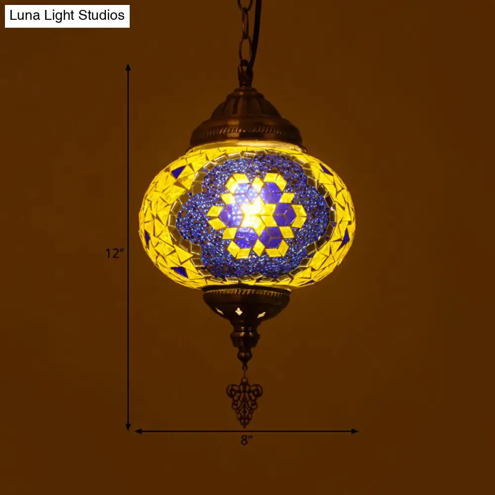 Vintage Stained Glass Spherical Hanging Pendant in Red/Blue/Yellow for Living Room