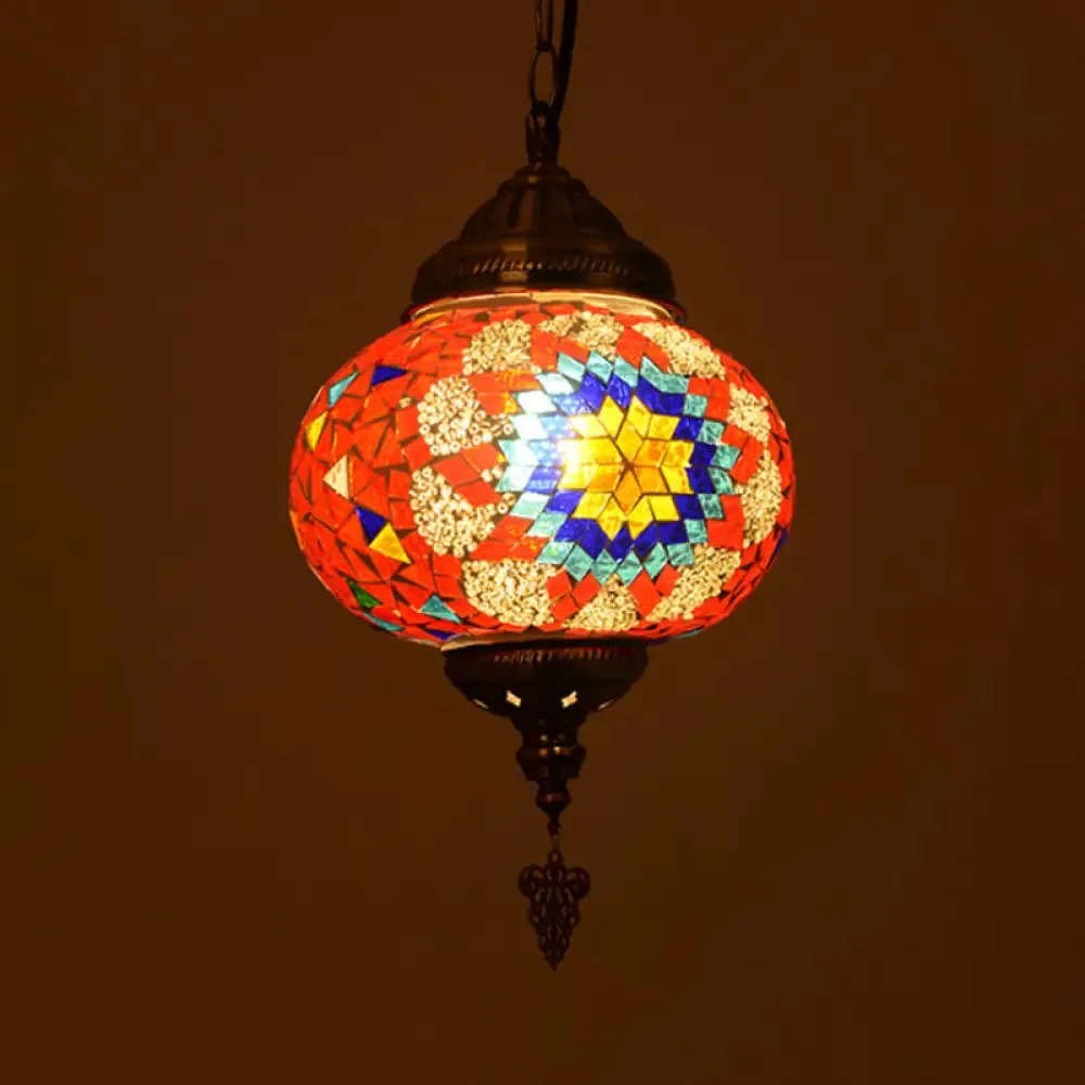 Vintage Stained Glass Spherical Hanging Pendant in Red/Blue/Yellow for Living Room