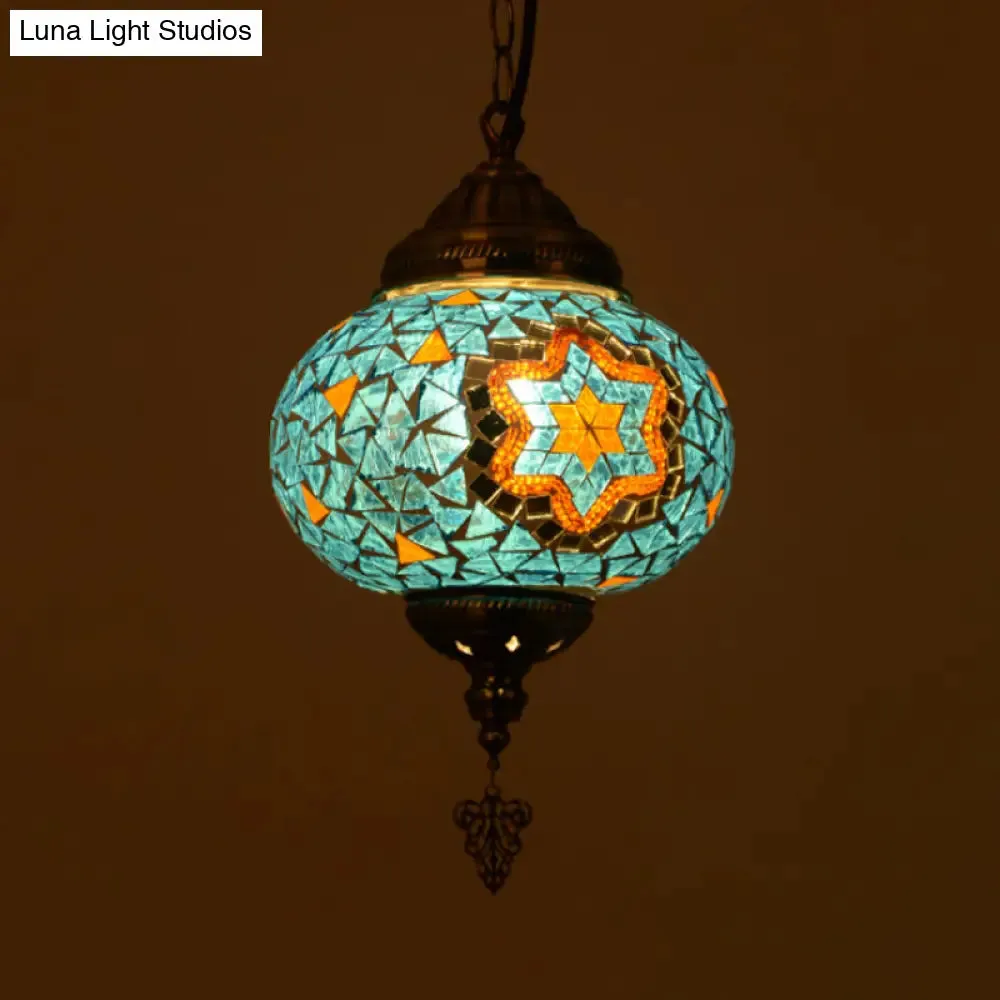 Vintage Stained Glass Spherical Hanging Pendant in Red/Blue/Yellow for Living Room