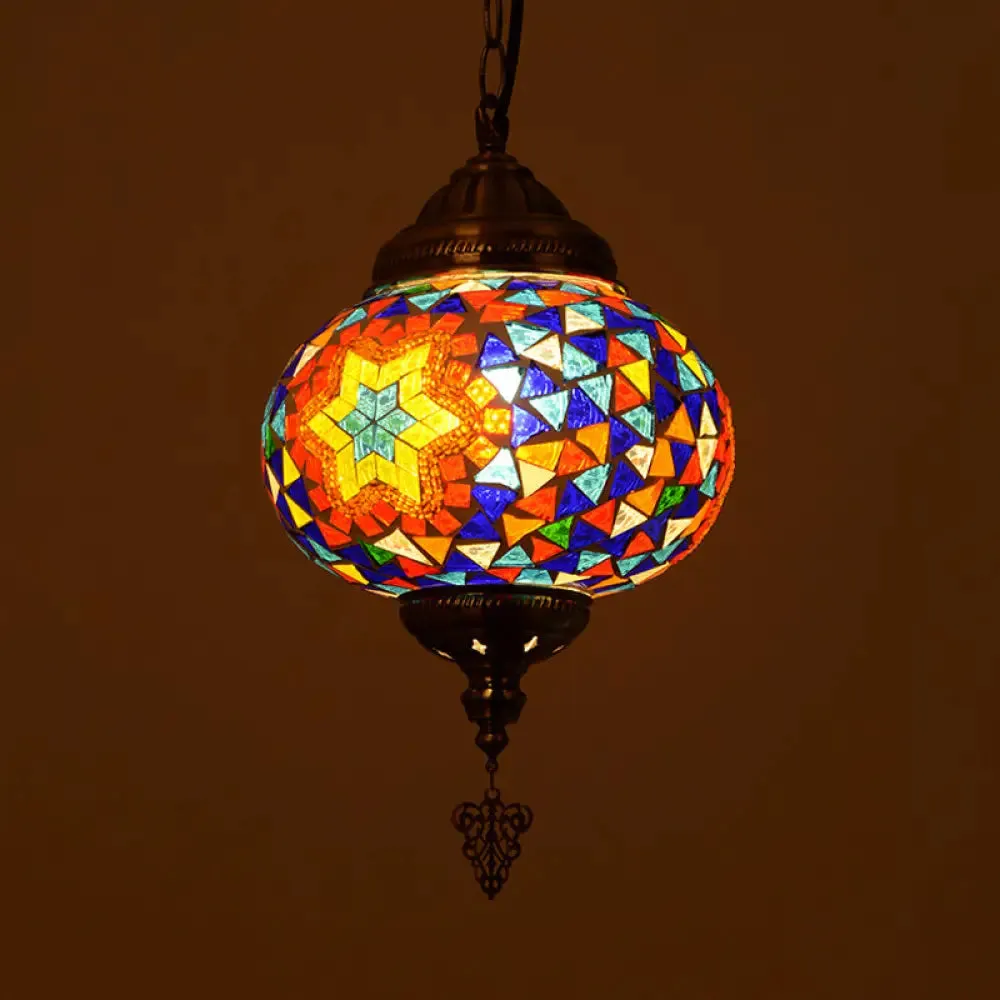 Vintage Stained Glass Spherical Hanging Pendant in Red/Blue/Yellow for Living Room