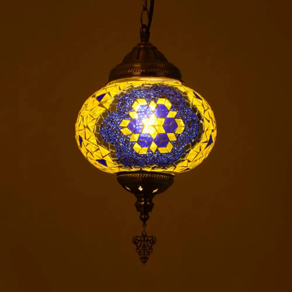 Vintage Stained Glass Spherical Hanging Pendant in Red/Blue/Yellow for Living Room