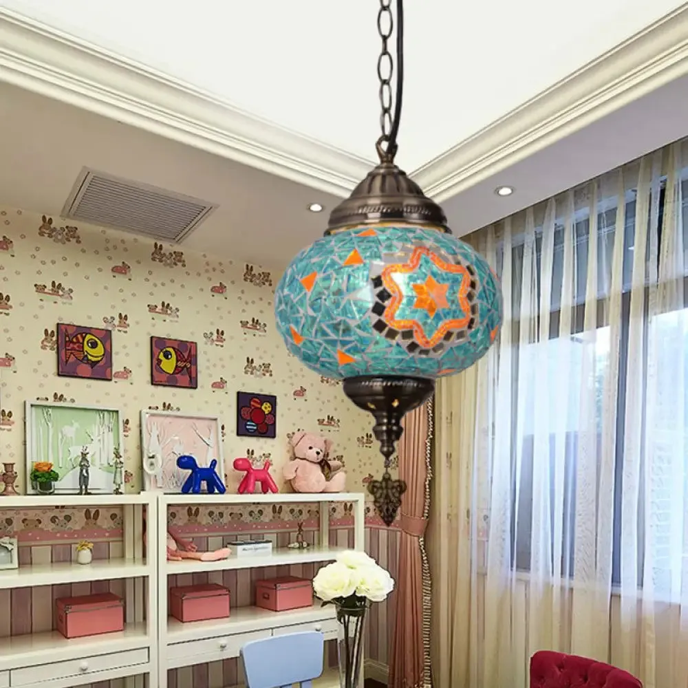 Vintage Stained Glass Spherical Hanging Pendant in Red/Blue/Yellow for Living Room