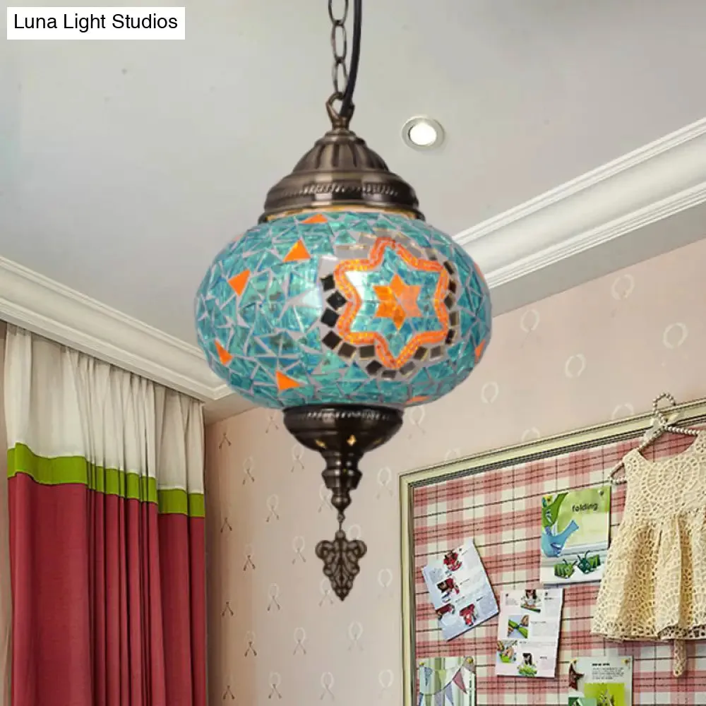 Vintage Stained Glass Spherical Hanging Pendant in Red/Blue/Yellow for Living Room