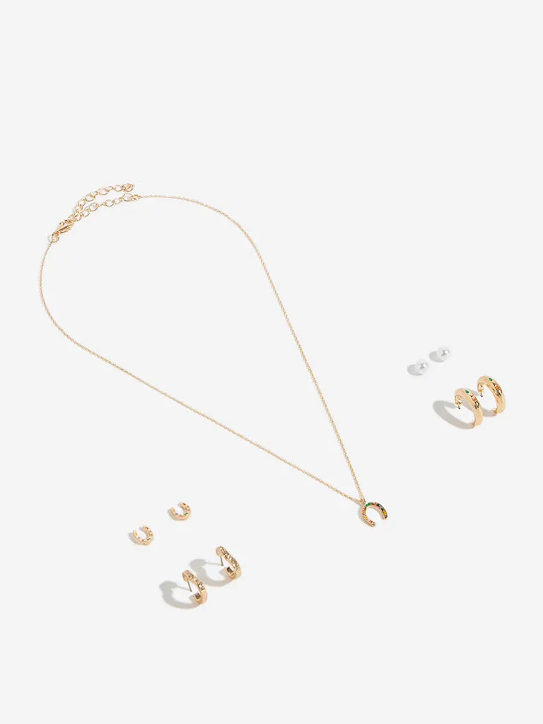 Westside Accessories Gold Horseshoe Charm Necklace and Earrings Set