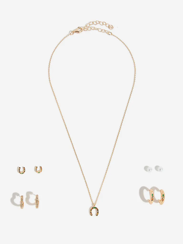 Westside Accessories Gold Horseshoe Charm Necklace and Earrings Set