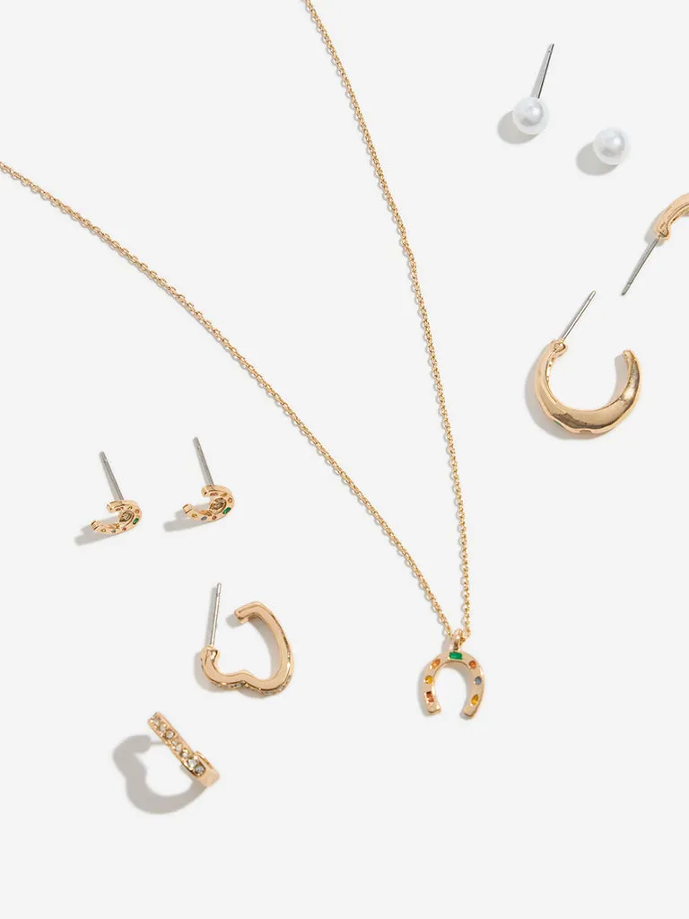 Westside Accessories Gold Horseshoe Charm Necklace and Earrings Set