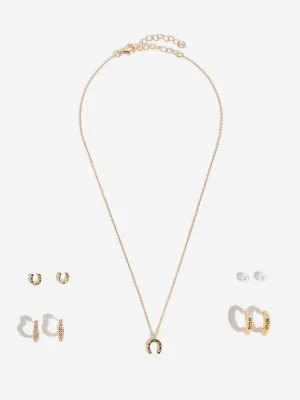 Westside Accessories Gold Horseshoe Charm Necklace and Earrings Set