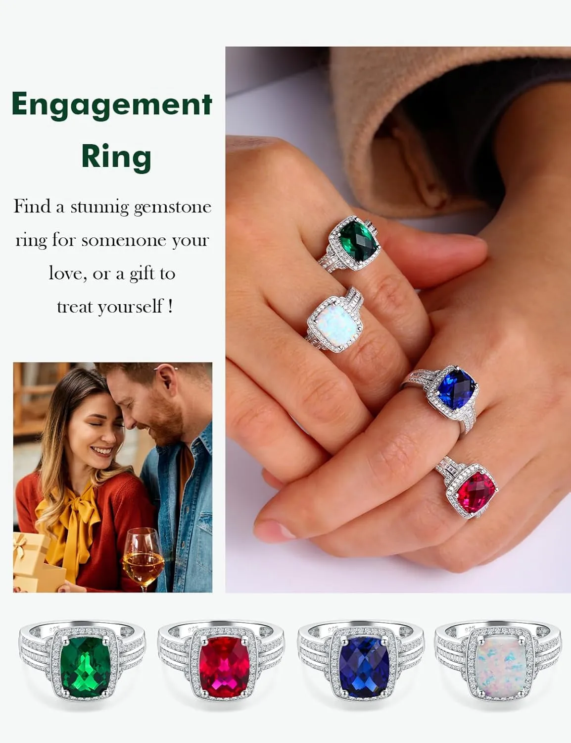 Womens Engagement Ring 925 Sterling Silver Oval Elongated Cushion Cut Sapphire/Ruby/Emerald/Opal Gemstone Anniversary Statement Cocktail Halo Ring Size 6 to 10 (with Gift Box)