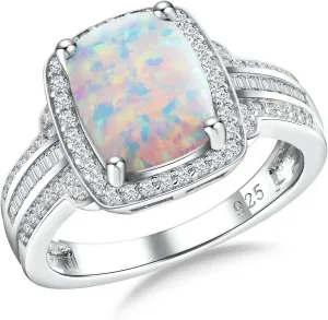Womens Engagement Ring 925 Sterling Silver Oval Elongated Cushion Cut Sapphire/Ruby/Emerald/Opal Gemstone Anniversary Statement Cocktail Halo Ring Size 6 to 10 (with Gift Box)