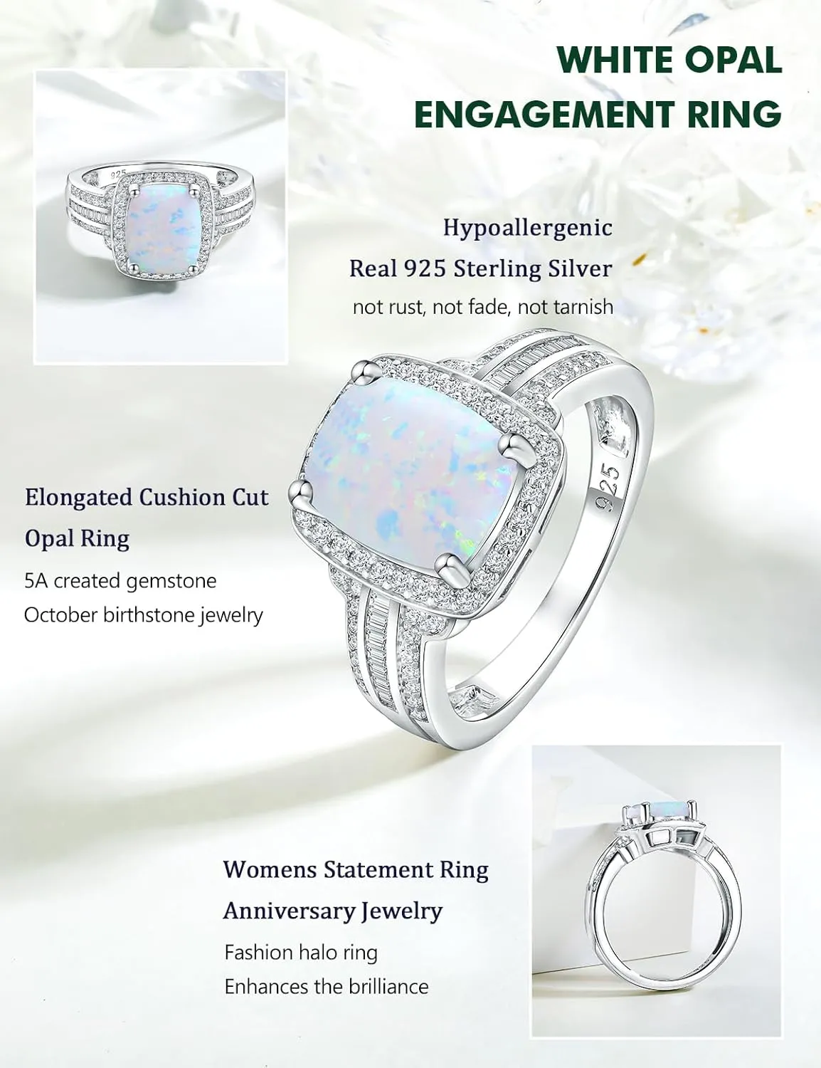 Womens Engagement Ring 925 Sterling Silver Oval Elongated Cushion Cut Sapphire/Ruby/Emerald/Opal Gemstone Anniversary Statement Cocktail Halo Ring Size 6 to 10 (with Gift Box)